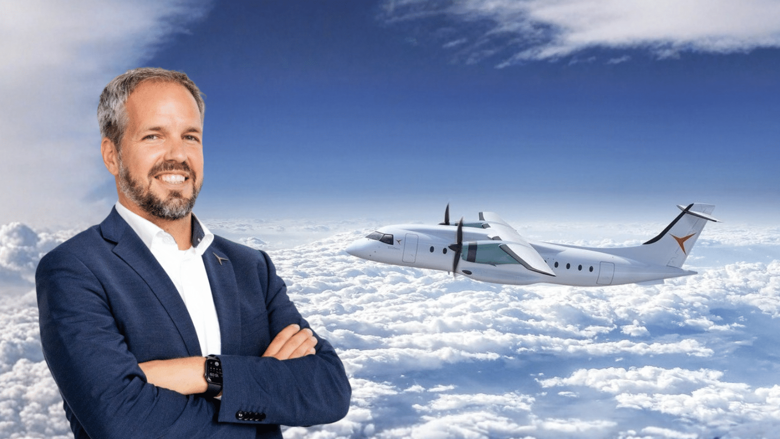 Visualisierung einer D328eco von Deutsche Aircraft. Das Regionalflugzeug ist in Seitenansicht mit zwei Propellertriebwerken zu sehen. Daneben steht Projektleiter Nico Neumann.